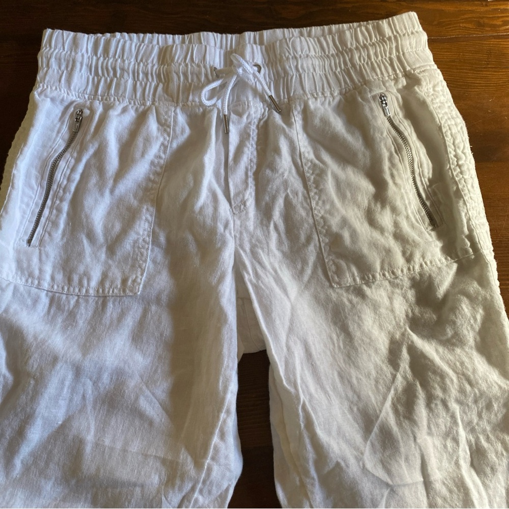 Athleta Women’s White Cabo Linen High Rise Silver Zip Drawstring Joggers Size 10 - Picture 6 of 16